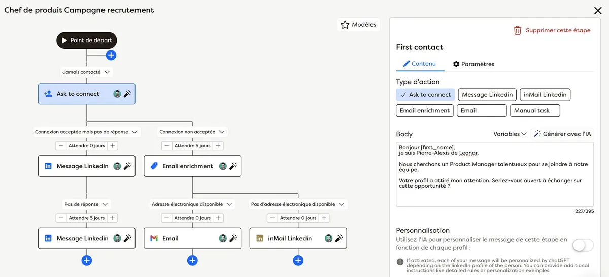 Recruitment campaign workflow showing first contact and connection strategies