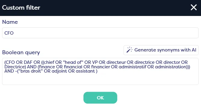 CFO custom filter screen with complex Boolean query for financial leadership roles