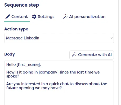 LinkedIn message sequence step with personalization and action type settings