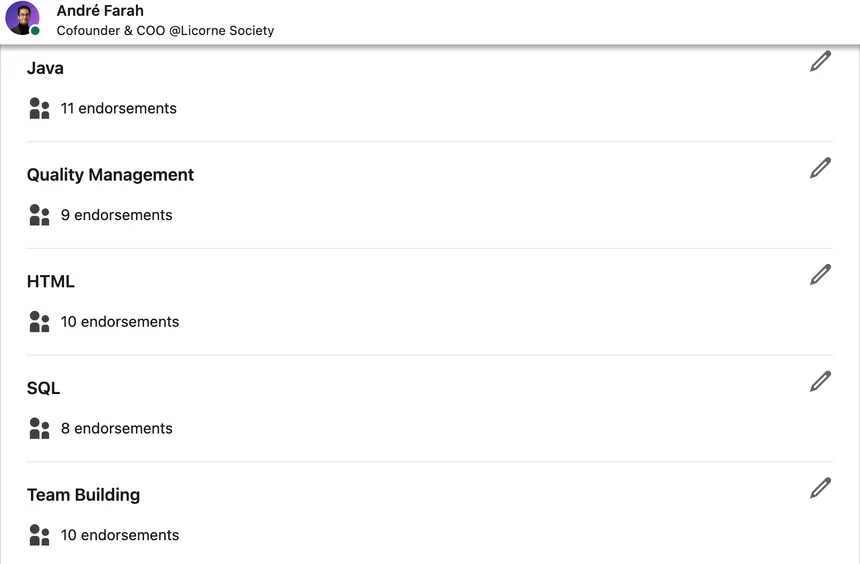 Profil LinkedIn d'André Farah avec compétences et nombre d'endorsements