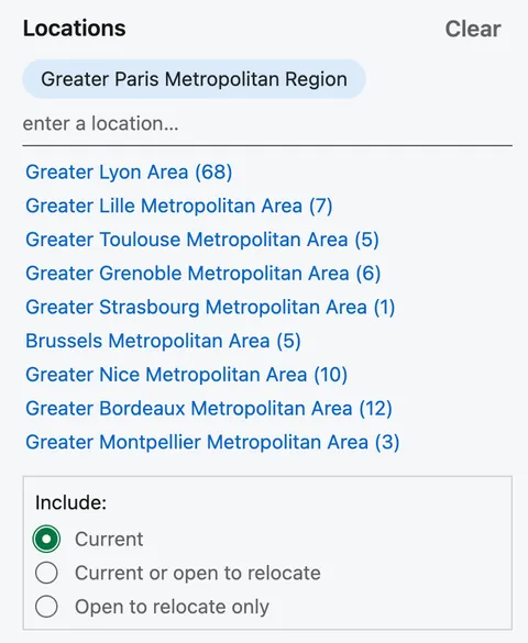 Liste des régions métropolitaines françaises avec options de filtrage