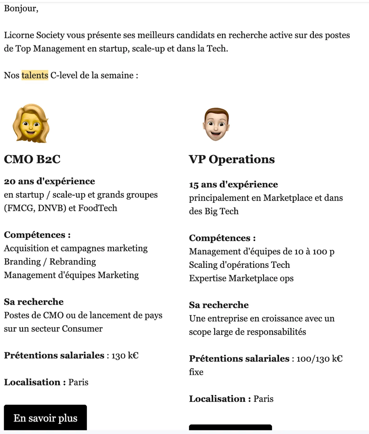 Profils de talents C-level de Licorne Society pour postes de management