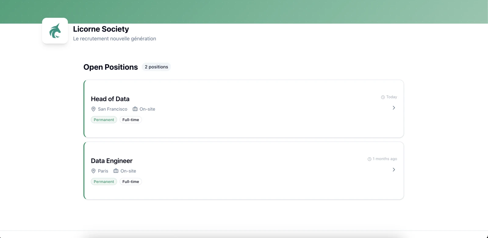 Leonar branded career page showing open positions with job details and application links