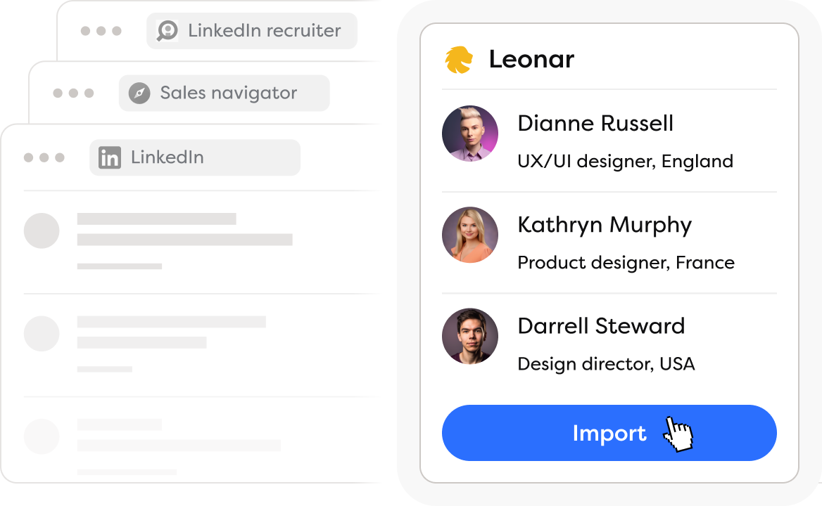 Leonar Chrome extension sidebar on a LinkedIn Recruiter profile, import to project and sequence
