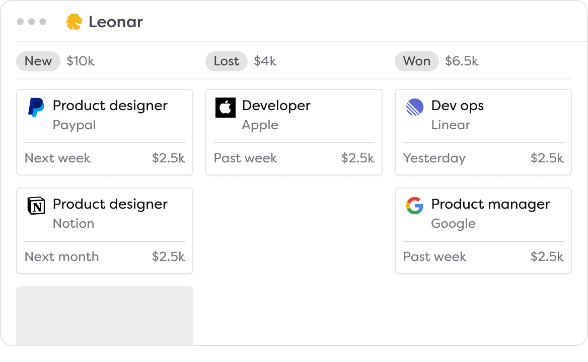 Leonar recruiting CRM with Companies, Deals, and Contacts in one workspace