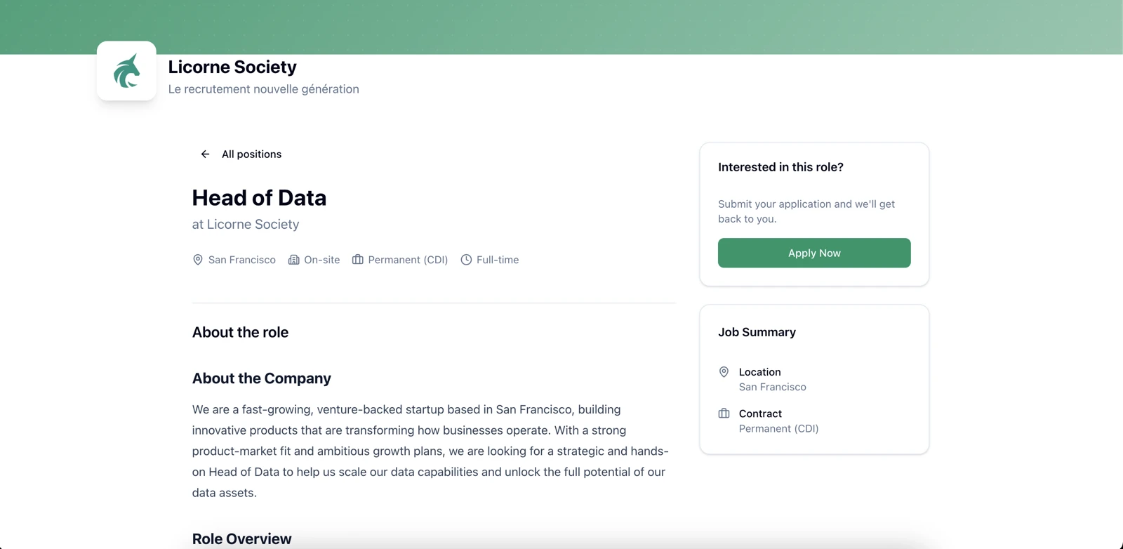 Leonar job posting page showing a Head of Data position with apply button and job summary