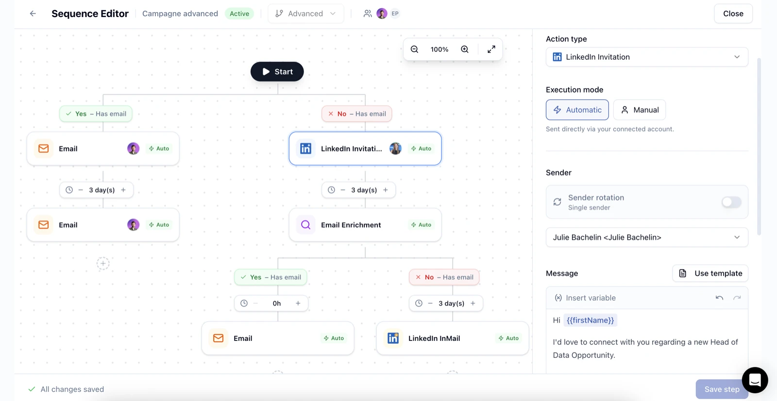 Leonar sequence editor showing multichannel outreach flow with email, LinkedIn invitation, and enrichment steps