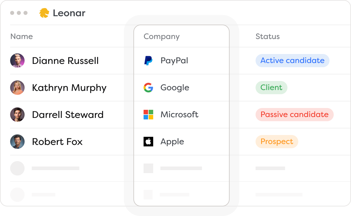 Leonar contact list showing each candidate's company and pipeline status during a live campaign