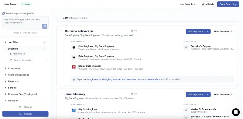 Leonar unified sourcing interface showing candidate search results across LinkedIn, 870M+ profile database, and contact base