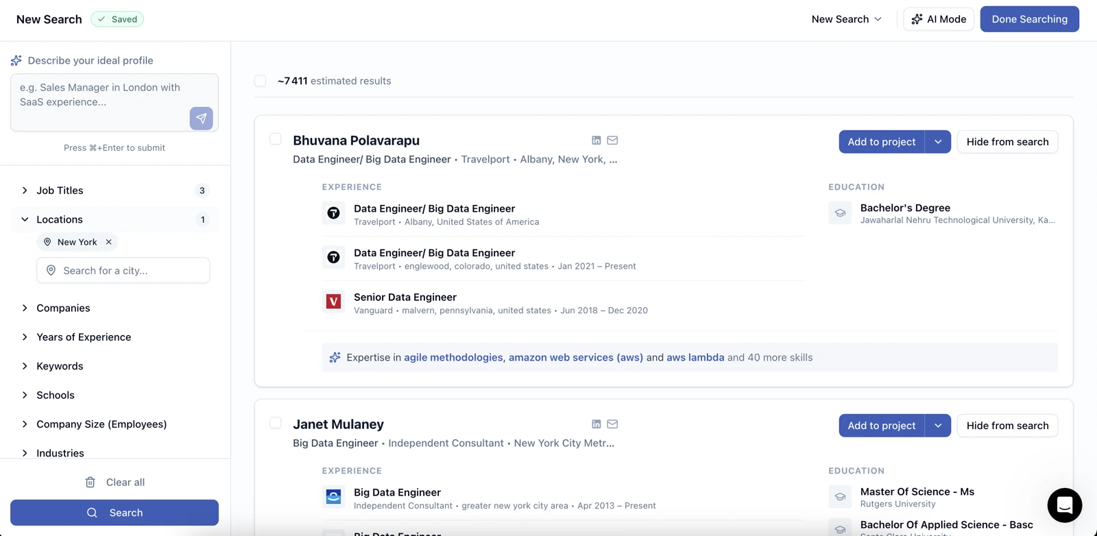 Leonar AI talent sourcing search results