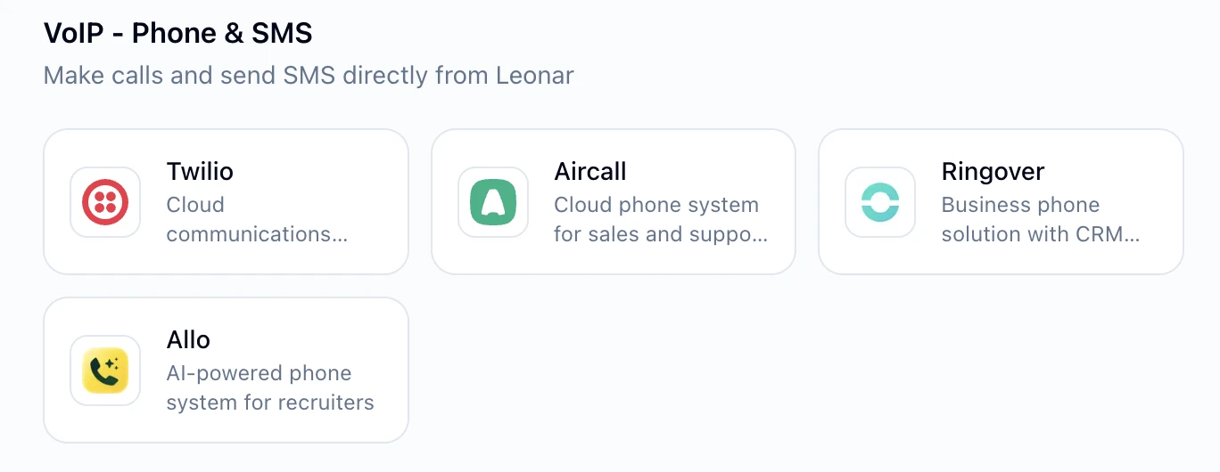 Leonar VoIP and SMS integrations showing Twilio, Aircall, Ringover, and Allo connections